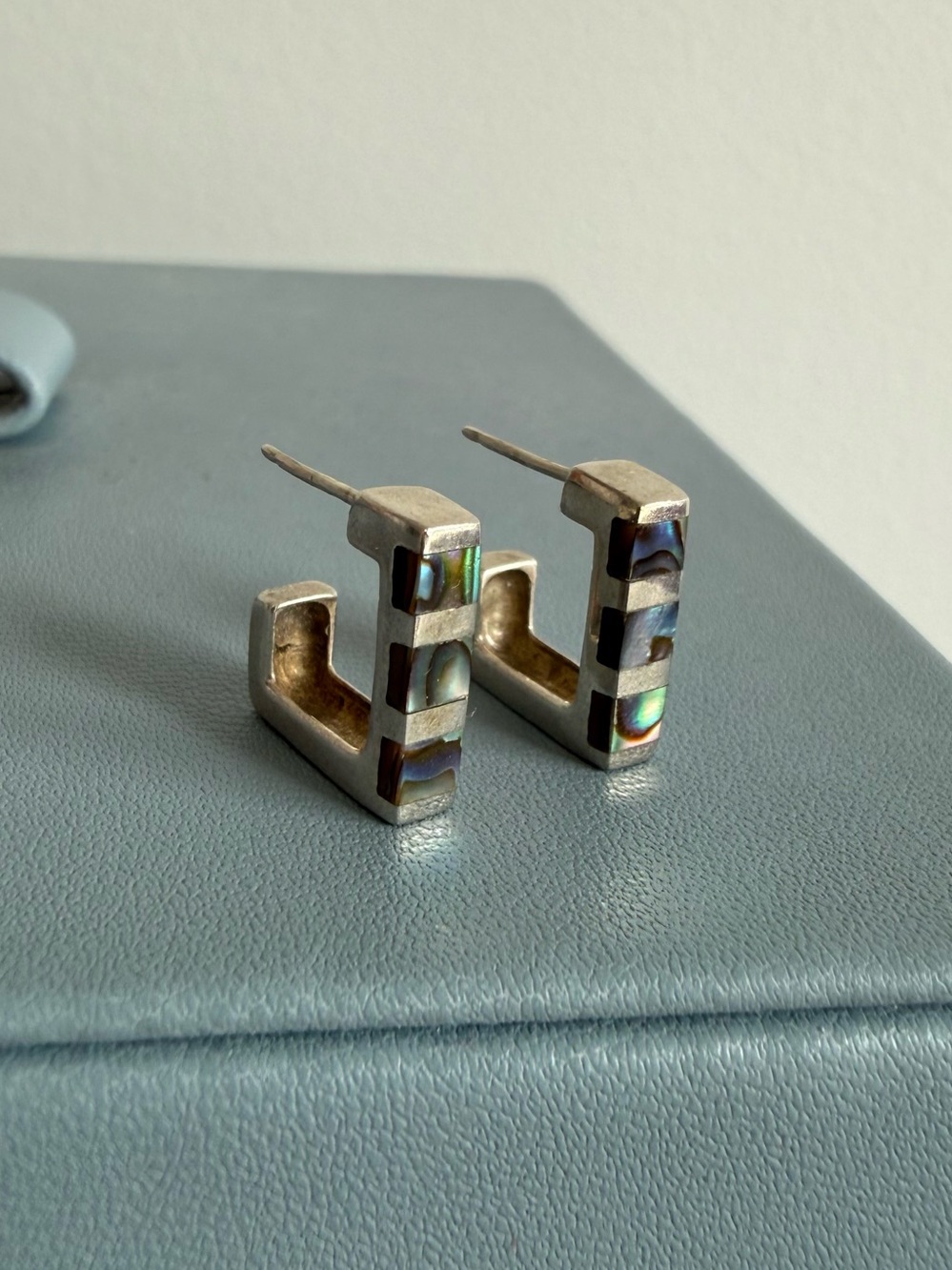 Vintage 925 Sterling Silver Abalone Inlay Square Half Hoop Earrings